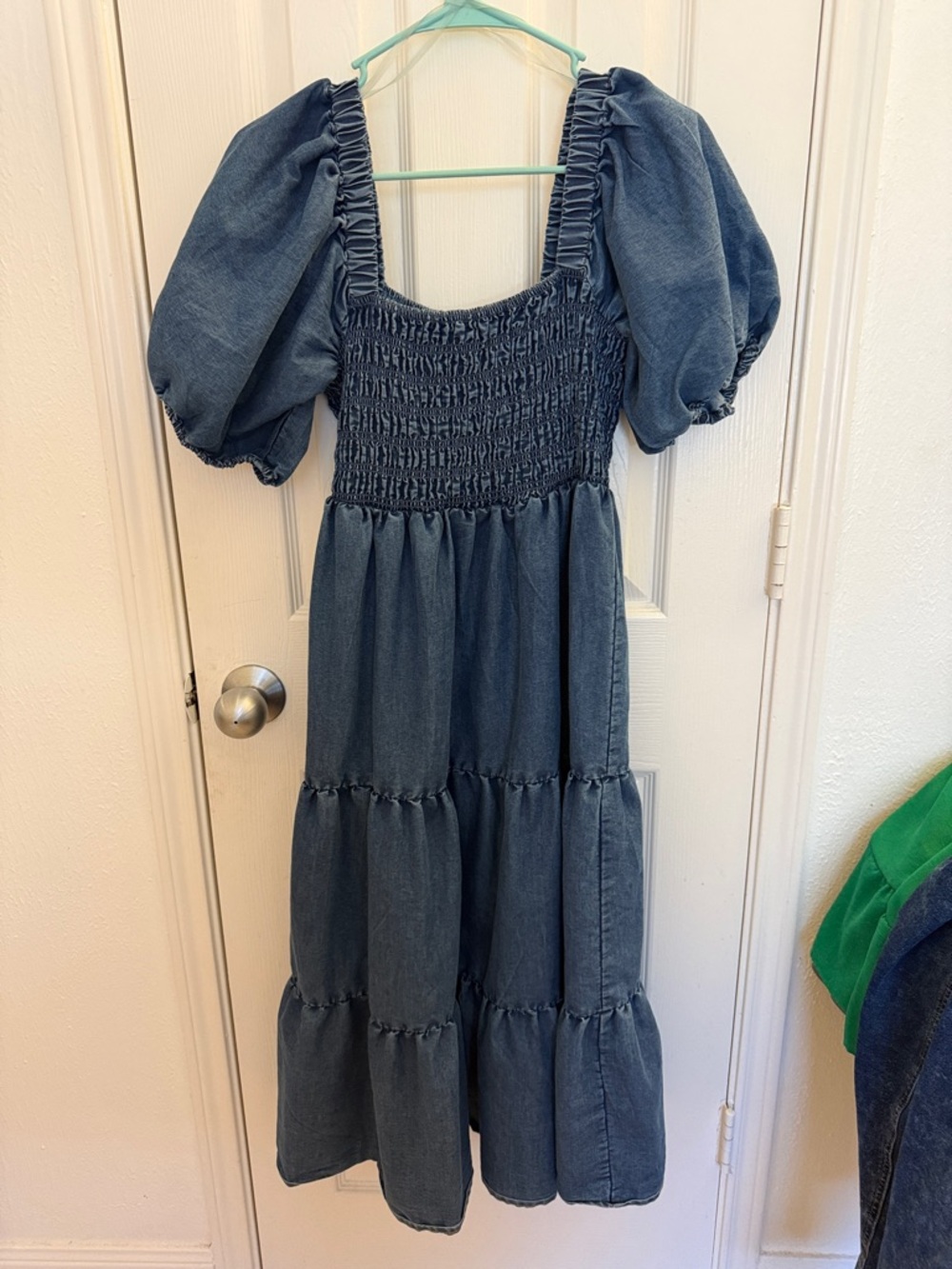 Blush Denim Puff-Sleeve Smocked Tiered Dress - Blue